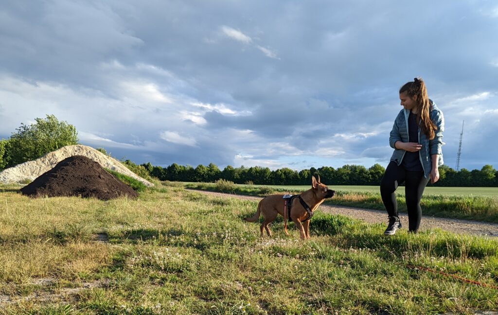 Coraline est à droite et sa chienne à gauche. Elles se regardent, Coraline sourit et sa chienne sautille.